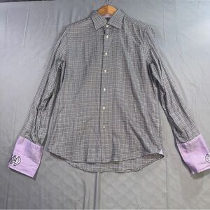 Robert Graham Shirt Mens M Gray Plaid French Cuff Dress Long Sleeve Purple